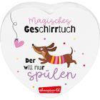 Text: "Magisches Geschirrtuch. Der will nur spülen." Illustration: Fröhlicher Hund mit gestreiftem Pulli und Herz.