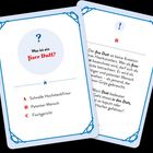 Zwei Spielkarten; eine fragt nach einem "fixen Dutt" mit drei Antwortmöglichkeiten, die andere erklärt den Begriff.