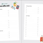 Packliste: "Das muss alles mit!" Kategorien: Reiseunterlagen, Kleidung, Kosmetikartikel, Reiseapotheke, Sonstiges. Illustrationen von Koffer und Kamera.