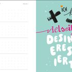 Links ist ein Wochenkalender für Februar 2027. Rechts ein türkisfarbener Hintergrund mit den Worten "Ich bin vielseitig desinteressiert."