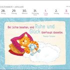 Kalender: 28. Dezember - 3. Januar, Zitat von Theodor Fontane. Illustration: Katze schläft glücklich auf Kissen.