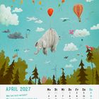 April 2027: Kalender mit fliegendem Elefanten, Ballons, Pflanzen und Tieren am Himmel; illustrativ, bunt.