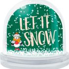 "LET IT SNOW" steht auf einem grünen Hintergrund. Eine Illustration eines Pinguins in Schal und Mütze.