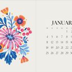 JANUAR, MO DI MI DO FR SA SO. Kalenderblätter mit buntem Blumenmuster links, schlichte Zahlen rechts.