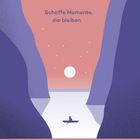 "Schaffe Momente, die bleiben. KW 11 Montag 15. März." Illustration: Person im Boot zwischen Felsen bei Sonnenuntergang.