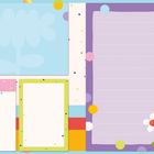 Notizblöcke mit bunt gepunkteten Rändern; Illustration einer Person, die auf einer Blume liegt.