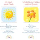 "Dein Lächeln schenkt Freude." Illustration: Fröhliche Sonne. "Du bist schön. Gott hat dich wundervoll gemacht." Illustration: Blume.