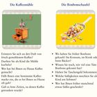"Die Kaffeemühle" mit Mühle und Kaffeebohnen. "Die Bonbonschaufel" mit Schaufel und bunten Bonbons. Fragen erinnern an früher.