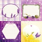 Vier künstlerische Etiketten: 1. Lavendel auf kariertem Hintergrund. 2. Oliven mit grüner Umrandung. 3. Rosa Schleife auf Lila. 4. Birne und Lavendel.