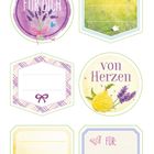 Sechs Etiketten. Texte: "Für dich", "von Herzen", "Für:". Blüten, Schleifen, Fruchtmotive.