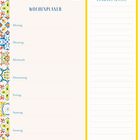 „Wochenplaner“ und „Einkaufsliste“ beschriftet, umrahmt von bunten Kacheln mit floralen Mustern.