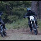 Zwei Motorradfahrer fahren durch einen Wald, der Boden ist staubig und von Bäumen umgeben.