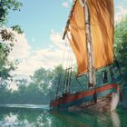 Ein Segelboot mit orangem Segel segelt durch einen ruhigen Fluss, umgeben von dichtem, grünem Wald.