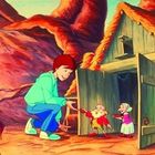 Ein Jugendlicher in blauer Kleidung beugt sich zu zwei kleinen, älteren Menschen, die aus einer Holzhütte kommen.