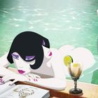 Frau in Pool, liest Magazin, drinkt Champagner. Illustration, Frau mit schwarzem Haar und lila Lidschatten.