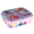 Eine rosa Lunchbox mit Cartoon-Hunden und Blumenmotiven verziert.