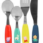 Kinderbesteck mit bunten Griffen und Cartoon-Tieren. Enthält Löffel, Gabel und Messer in Rot, Türkis, Gelb und Blau.