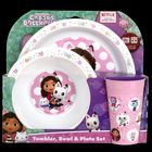 "Tumbler, Bowl & Plate Set" steht in großen Buchstaben. Bunte Cartoon-Figuren verziert auf Teller und Becher.