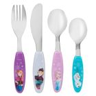 Gabel, Messer, zwei Löffel mit bunten Griffen und Figuren darauf: Mädchen in Rosa, Junge in Weiß, Frau in Blau, Schneemann.