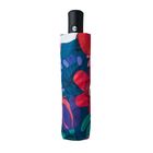 Zusammengeklappter Regenschirm mit buntem Blumenmuster und schwarzem Griff.