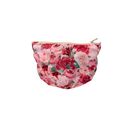 Eine kleine Tasche mit einem Muster aus roten und rosa Rosen. Oben ist ein Reißverschluss.