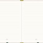 Liniertes Notizbuch mit offenem Doppelseite, schlichtes Design mit kleinen Ornamenten unten.