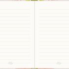 Ein leeres, zweiseitiges Notizbuch mit liniertem Papier und dekorativem Rand.