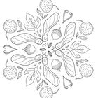 Symmetrische Illustration mit Blättern, Eicheln und runden Früchten, kunstvoll und ornamental arrangiert.