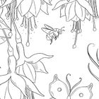 Eine detaillierte Illustration von Fuchsienblüten, Bienen und einem Schmetterling in schwarzer Umrisszeichnung.