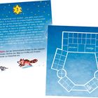 Gemeinsamer Rätselspaß, Detektiv-Abenteuer, festliches Format. Illustration eines verschneiten Schlosses mit Tieren.