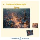 „Zauberhafte Winteridylle“ steht oben mit einem goldenen Schleifenmotiv. Darunter eine verschneite Dorfansicht bei Nacht.