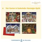 Vier Karten in funkelnder Nostalgie-Optik. Vier weihnachtliche Illustrationen mit festlichen Szenen.