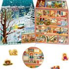 Illustration: Schneeszene, Häuser, Baum, ein Puppenhaus mit Zimmern und Gegenständen. Sticker von Figuren und Geschenken.