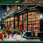 Auf einem verschneiten Gehweg vor einem Bücherladen steht eine Gruppe von Menschen mit Kindern und einem Hund.