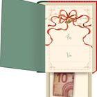 "Für" und "Von" auf einer Karte mit rotem Band und Glocke. Darunter eine Schublade mit einem 10-Euro-Schein.