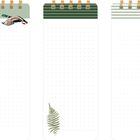 Notizblöcke mit Ringspirale. Links: Ente, Mitte: Farn, Rechts: Blätter. Oberer Rand grün und gestreift.
