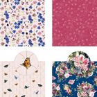 Vier florale Muster: Oben links Blau- und Rosatöne, oben rechts Rot mit Linien, unten links Schmetterlinge, unten rechts Blumen auf Blau.