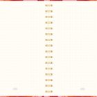 Ein offenes Notizbuch mit goldener Spiralbindung, weißen gepunkteten Seiten und einem floralen Rand in Rot- und Orangetönen.