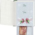 „Für“ und „Von“ sind mit Linien getrennt. Winterliches Design mit Schneeflocken, einer Schleife und einem 10-Euro-Schein.