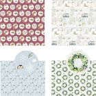 Weihnachtstexturen mit Rehen, Vögeln, Schnee, Hasen und Kränzen in Rot, Blau und Grün.