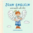 "Zehn Englein wünsch ich dir" und "Coppenrath". Illustration eines Engels mit roten Haaren und Flügeln auf grünem Hintergrund.