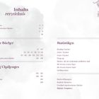 Inhaltsverzeichnis mit Kategorien: Gelesene Bücher, Statistiken, Reading Challenges. Seitenangaben, florales Design oben rechts.