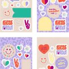 "Mein Leben ist schön", "Ich glaube an mich", "Ich bin wundervoll", "Ich höre auf mein Herz", "Ich kann alles schaffen". Sticker mit Herzen, Sternen und Handzeichen in bunten Farben.