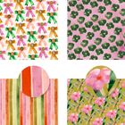 Vier bunte Muster: Schleifen mit Blume, grüne Tupfen auf Rosa, bunte Streifen, rosa Blumen mit Blättern.