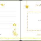 Links: Zeilen für Taufdetails; rechts: "Meine Taufgäste", Rahmen für Foto, Sonne, Kerze, Fische als Illustrationen.
