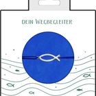 "DEIN WEGBEGLEITER" und "COPPENRATH". Ein Armband mit silbernem Fischsymbol auf blauem Hintergrund und kleinen Fischzeichnungen.