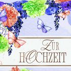 Text "Zur Hochzeit" in eleganter Schrift. Farbenfrohe Blumen und Schmetterlinge in Blau, Orange und Grün.