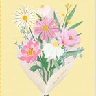 Text: "pour toi chérie". Illustration eines Blumenstraußes mit bunten Blüten auf gelbem Hintergrund.