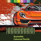 Text: "Buntstifte, Coloured Pencils, Crayons de couleur". Illustration: Ein orangefarbenes Auto mit Rauch und Farbstiften oben.