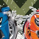 Illustration zweier Autos, eins blau, das andere orange, mit rauchenden Reifen auf grünem Hintergrund.